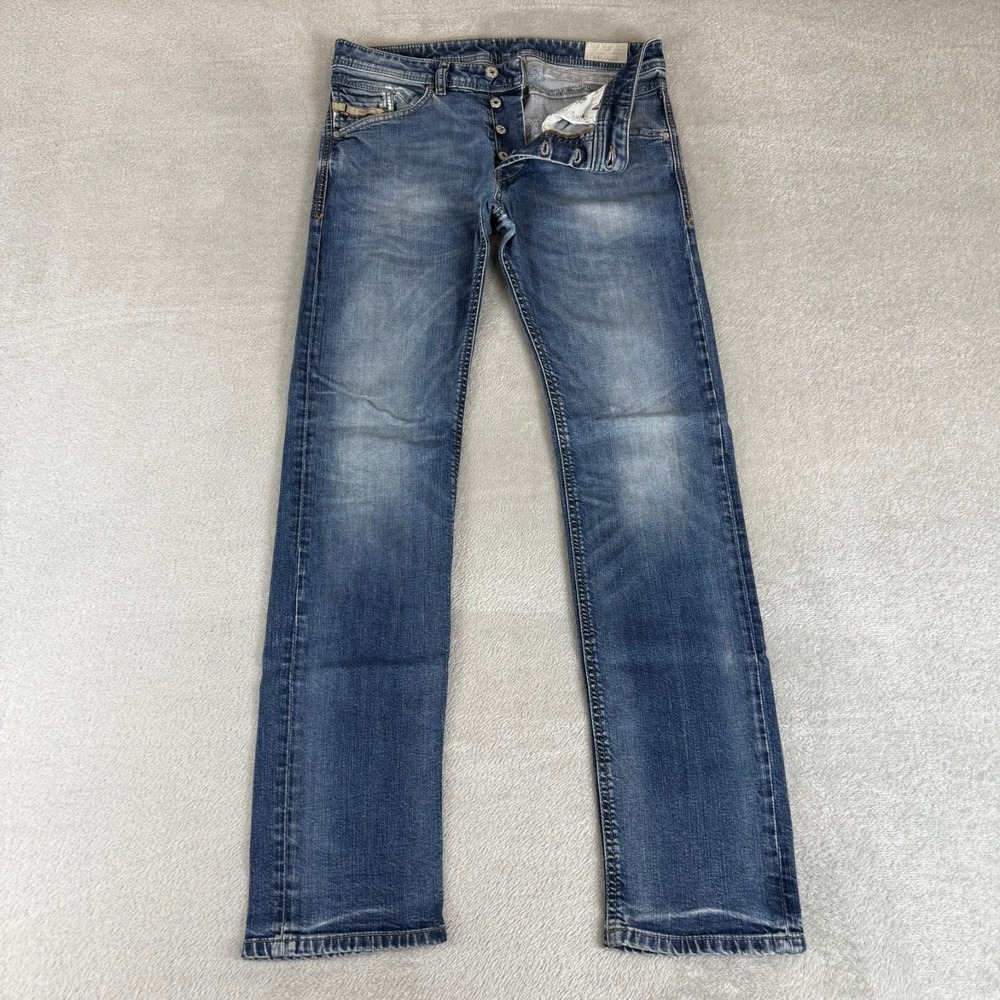 Diesel Belther Slim Tapered Jeans Mens 30x32 Blue Distressed Button Fly Stretch